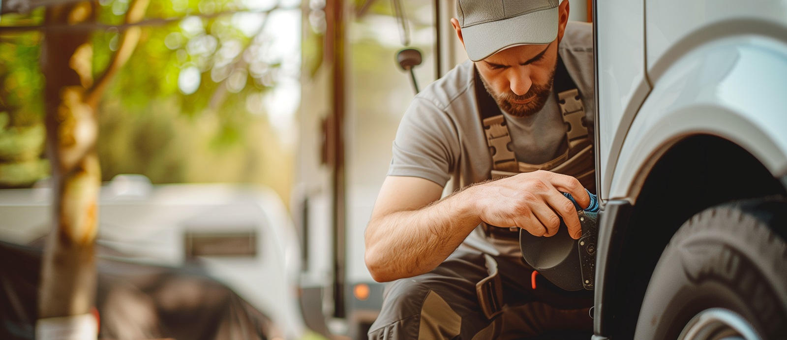 A professional service worker doing maintenance to an RV.